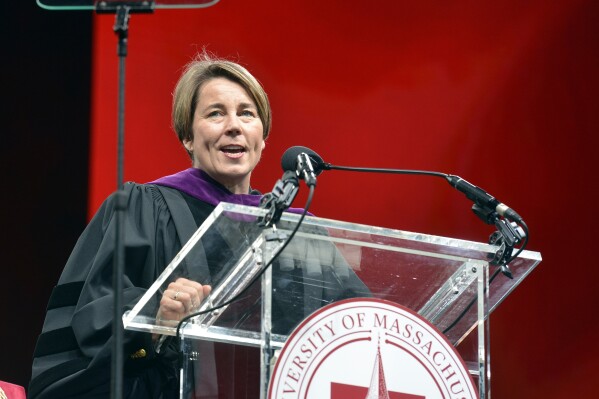FILE - Massachusetts Gov. Maura Healey speaks during the inauguration of University of Massachusetts Chancellor Javier Reyes, Friday, April 26, 2024, at the Mullins Center in Amherst, Mass. Massachusetts Gov. Maura Healey has recommended another three individuals for pardons, putting her on track to push for more individual pardons in her first year and a half as governor than her two immediate predecessors recommended in their eight years in office each. (Don Treeger/The Republican via AP, file)