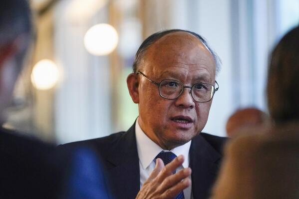 Taiwan Trade Minister John Chen-Chung Deng speaks during an interview with the Associated Press at Willard Hotel's Café du Parc, in Washington, Wednesday, May 3, 2023. (AP Photo/Carolyn Kaster)