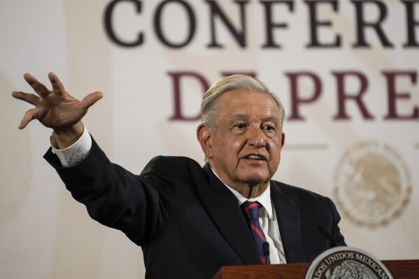 Mexican President Andres Manuel Lopez Obrador gives his regularly scheduled morning press conference at the National Palace in Mexico City, Tuesday, April 16, 2024. (AP Photo/Marco Ugarte)