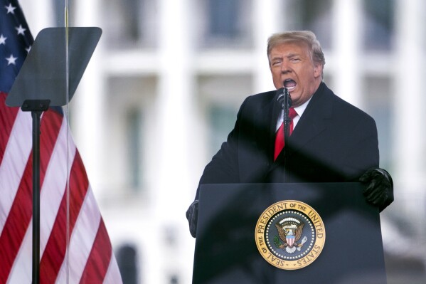 FILE - President Donald Trump speaks during a rally in Washington on Jan. 6, 2021. The Supreme Court is hearing arguments Tuesday, April 16, 2024, over the charge of obstruction of an official proceeding that has been brought against 330 people, according to the Justice Department. The charge refers to the disruption of Congress' certification of Joe Biden's 2020 presidential election victory over formper President Trump. Trump faces two obstruction charges. Next week, the justices will weigh whether Trump can be prosecuted at all for his efforts to overturn the 2020 election results. (AP Photo/Evan Vucci, File)
