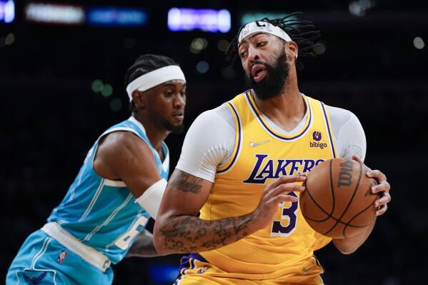 Charlotte Hornets forward Jalen McDaniels (6) defends against Los Angeles Lakers forward Anthony Davis (3) during the first half of an NBA basketball game in Los Angeles, Monday, Nov. 8, 2021. (AP Photo/Ashley Landis)