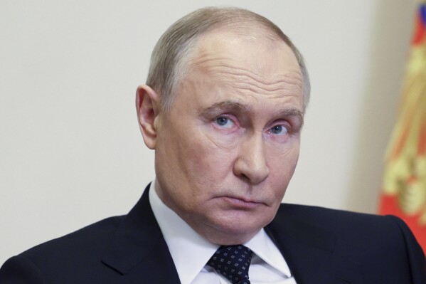 Russian President Vladimir Putin chairs a cabinet meeting via videoconference at Novo-Ogaryovo state residence outside of Moscow, Russia, Wednesday, June 4, 2025. (Gavriil Grigorov, Sputnik, Kremlin Pool Photo via AP)