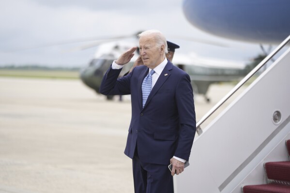 President Joe Biden arrives at Andrews Air Force Base, Md., from a weekend trip to his Delaware home, Monday, May 6, 2024. (AP Photo/Manuel Balce Ceneta)