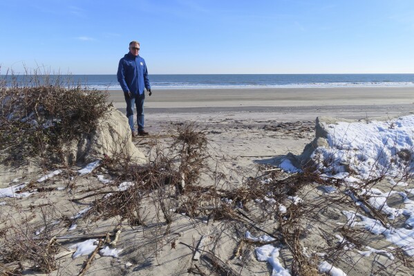 FILE- Mayor Patrick Rosenello stands next to a destroyed section of sand dune in North Wildwood N.J., Jan. 22, 2024.. on April 25, 2024, North Wildwood and the state of New Jersey announced an agreement for an emergency beach replenishment project there to protect the city until a full-blown beach fill can be done by the U.S. Army Corps of Engineers that may still be two years away. Winter storms punched a hole through what is left of the city's eroded dune system, leaving it more vulnerable than ever to destructive flooding. (AP Photo/Wayne Parry, File)