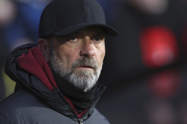 Liverpool's manager Jurgen Klopp during the English Premier League soccer match between AFC Bournemouth and Liverpool at the Vitality Stadium, in Bournemouth, England, Sunday, Jan. 21, 2024. (AP Photo/Ian Walton)