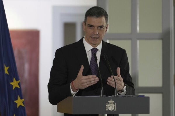Spain's Prime Minister Pedro Sanchez speaks during a press conference at the Spanish Embassy in Beijing, April 11, 2025. (AP Photo/Ng Han Guan, File)