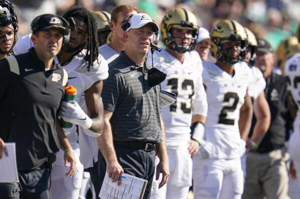 Purdue head coach Jeff Brohm watches a field goal from the sideline during the second half of an NCAA college football game against Notre Dame in South Bend, Ind., Saturday, Sept. 18, 2021. Notre Dame defeated Purdue 27-13. (AP Photo/Michael Conroy)