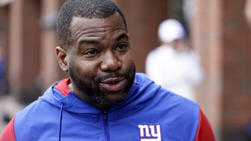 New York Giants running backs coach Jeff Nixon speaks to the media before the NFL football team's practice on Wednesday, June 14, 2023, in East Rutherford, N.J. (AP Photo/Adam Hunger)