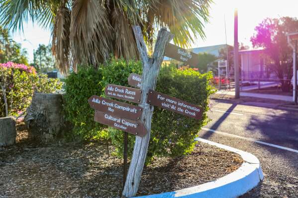 A sign in the main street of Julia Creek, a rural Queensland town of 500 people, Australia, Aug. 1, 2024. (Jo Thieme/ McKinlay Shire Council via AP)