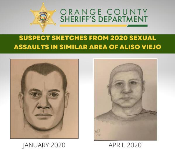 In this flyer released by the Orange County Sheriff's Department are suspect sketches from 2020 sexual assaults in Aliso Viejo, Calif. Authorities have arrested an Army veteran in connection with brutal attacks on women in Southern California where he allegedly choked them into unconsciousness and assaulted them in the bushes off a running trail. (Orange County Sheriff's Department via AP)
