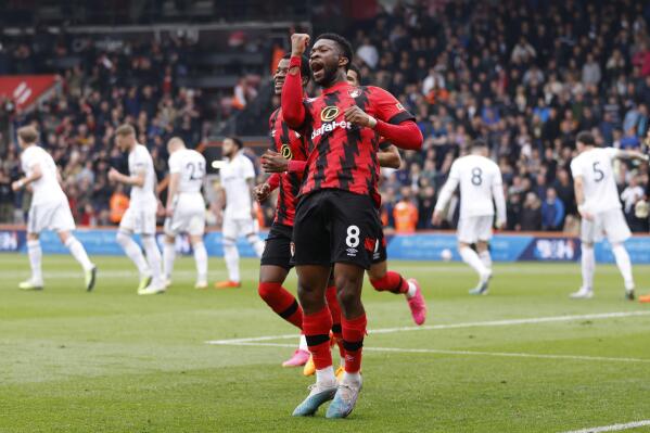 Bournemouth's Jefferson Lerma celebrates scoring his side's second goal during the English Premier League soccer match between Bournemouth and Leeds United at the Vitality Stadium, Bournemouth, England, Sunday April 30, 2023. (Steven Paston/PA via AP)
