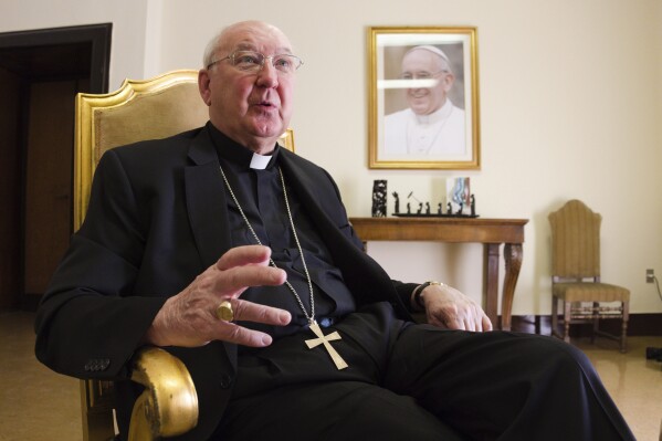 Cardinal Kevin Farrell, head of the Vatican's family and laity office, speaks during an interview with The Associated Press in Rome, July 31, 2018. (AP Photo/Paolo Santalucia, File)