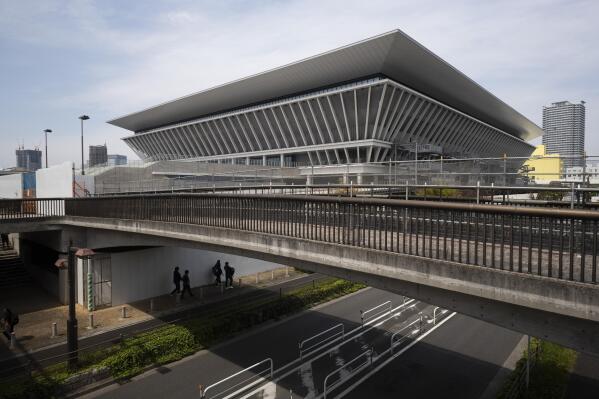 FILE - In this April 8, 2021 file photo, Tokyo Aquatics Centre, venue for the swimming and diving finals at the Tokyo 2020 Olympics. The Tokyo Aquatics Centre is a site to behold -- a towering, 15,000-seat venue that will host swimming and diving at the pandemic-delayed Summer Games. (AP Photo/Hiro Komae,File)