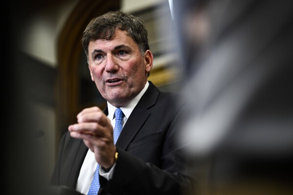 Minister of Public Safety, Democratic Institutions and Intergovernmental Affairs Dominic LeBlanc speaks at a news conference on the appointment of Quebec Court of Appeal judge Marie-Josee Hogue for the inquiry into foreign interference, on Parliament Hill in Ottawa, on Thursday, Sept. 7, 2023. (Justin Tang/The Canadian Press via AP)