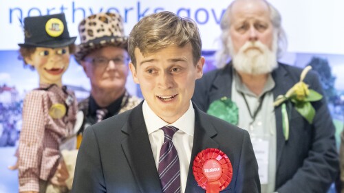 By-election winner and Labour Party candidate Keir Mather speaks at Selby Leisure Centre in Selby, England, Friday, July 21, 2023, after the results were given for the Selby and Ainsty by-election. (Danny Lawson/PA via AP)