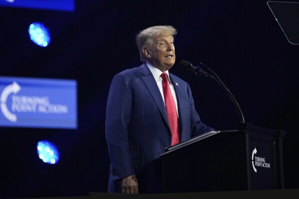 Former President Donald Trump speaks at the Turning Point Action conference, Saturday, July 15, 2023, in West Palm Beach, Fla.(AP Photo/Lynne Sladky)