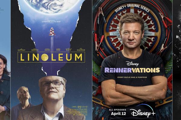 This combination of images shows promotional art for the film "Rare Objects," opening in theaters and video on demand on April 14, "Linoleum," a film available on demand on Tuesday, April 11, "Rennervations," a series premiering April 12 on Disney+, and "Cocaine Bear," a film streaming April 14 on Peacock. (IFC Films/Shout Factory/Disney+/Universal via AP)