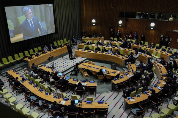 U.S. Secretary of State Antony Blinken speaks at a high-level meeting on sea level rise during the 79th session of the United Nations General Assembly, Wednesday, Sept. 25, 2024, at the UN headquarters. (AP Photo/Julia Demaree Nikhinson)