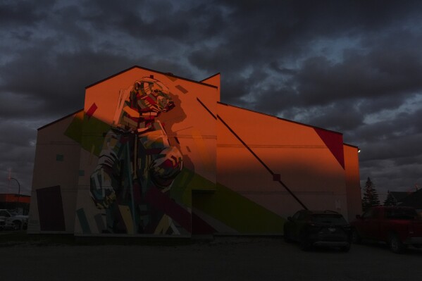 The setting sun illuminates a mural of a polar bear on the side of an apartment building, Sunday, Aug. 4, 2024, in Churchill, Manitoba. (AP Photo/Joshua A. Bickel)