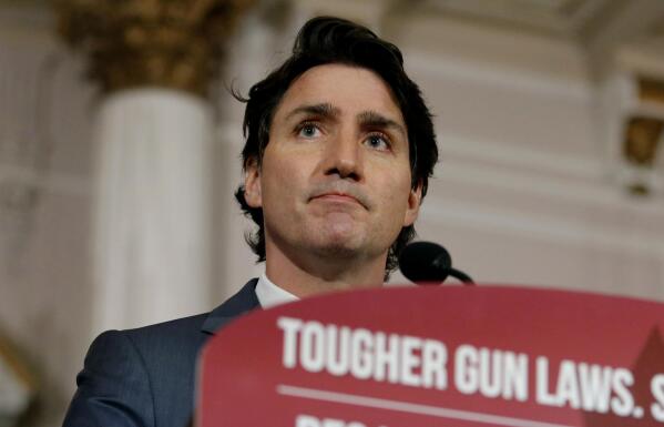 Canada's Prime Minister Justin Trudeau announces new gun control legislation in Ottawa, Ontario, on Monday, May 30, 2022. (Patrick Doyle/The Canadian Press via AP)