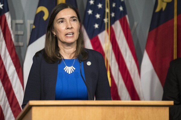 FILE - North Carolina Supreme Court Associate Justice Anita Earls speaks during a news conference, June 9, 2020, in Raeigh, N.C. On Tuesday, Aug. 29, 2023, the Democratic justice on North Carolina's Republican-majority Supreme Court sued an ethics panel to block it from investigating her public comments about state courts and colleagues, saying the probe and other recent scrutiny violate her free speech rights. (Julia Wall/The News & Observer via AP, File)