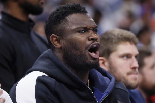 New Orleans Pelicans forward Zion Williamson shouts from the bench during the second half in Game 2 of the team's NBA basketball first-round playoff series against the Oklahoma City Thunder, Wednesday, April 24, 2024, in Oklahoma City. (AP Photo/Nate Billings)