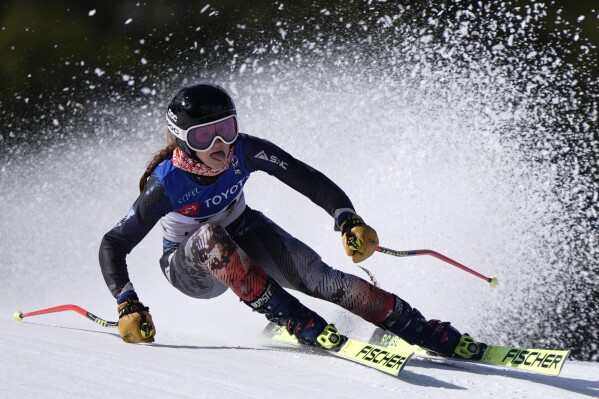 Katie Grzelak competes during a women's super-G skiing race, Wednesday, March 20, 2024, during the U. S. Alpine Championships at the Sun Valley ski resort in Ketchum, Idaho. (AP Photo/Robert F. Bukaty)