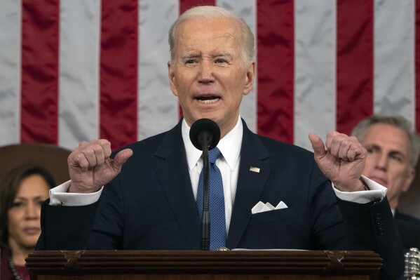 President Joe Biden delivers the State of the Union address to a joint session of Congress at the U.S. Capitol, Feb. 7, 2023, in Washington, as Vice President Kamala Harris and House Speaker Kevin McCarthy of Calif., listen. (AP Photo/Jacquelyn Martin, Pool, File)