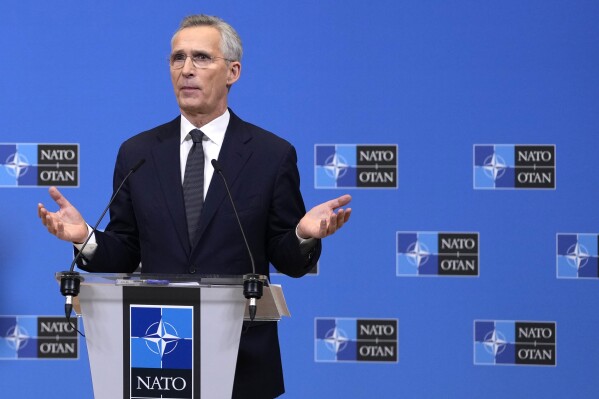 NATO Secretary General Jens Stoltenberg addresses a media conference prior to a meeting of NATO defense ministers at NATO headquarters in Brussels, Wednesday, Feb. 14, 2024. (AP Photo/Virginia Mayo)