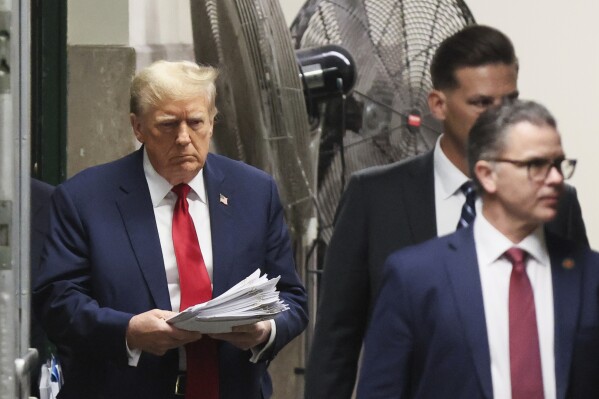 Republican presidential candidate and former President Donald Trump walks in Manhattan criminal court in New York, Tuesday, April 23, 2024. (Brendan McDermid/Pool Photo via AP) 