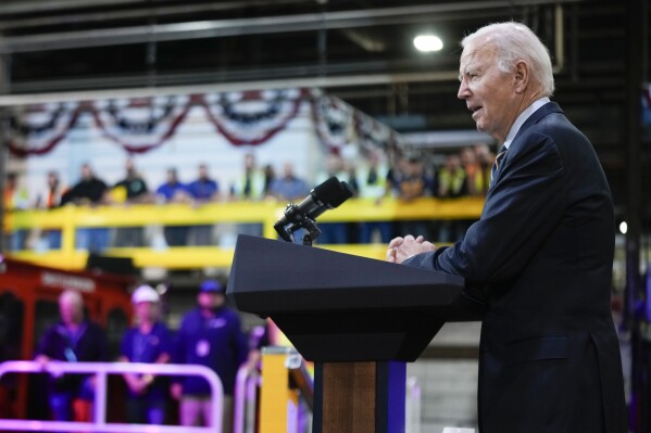FILE - President Joe Biden speaks at the Amtrak Bear Maintenance Facility, Monday, Nov. 6, 2023, in Bear, Del. Biden goes into next year's election with a vexing challenge: Just as the U.S. economy is getting stronger, people are still feeling horrible about it. Pollsters and economists say there has never been as wide a gap between the underlying health of the economy and public perception. (AP Photo/Andrew Harnik, File)