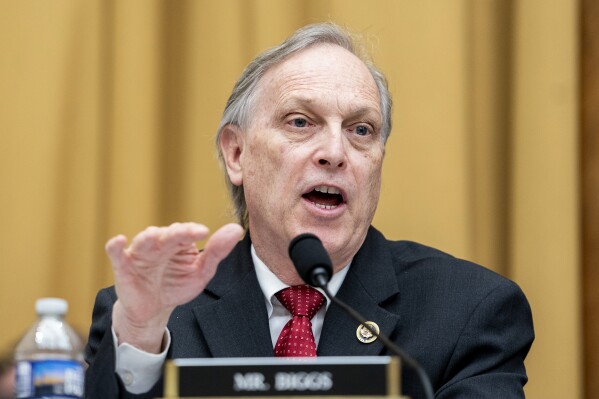 Rep. Andy Biggs, R-Az., questions Special Counsel Robert Hur during a hearing of the House Judiciary Committee in the Rayburn Office Building on Capitol Hill in Washington, Tuesday, March 12, 2024. (AP Photo/Nathan Howard)