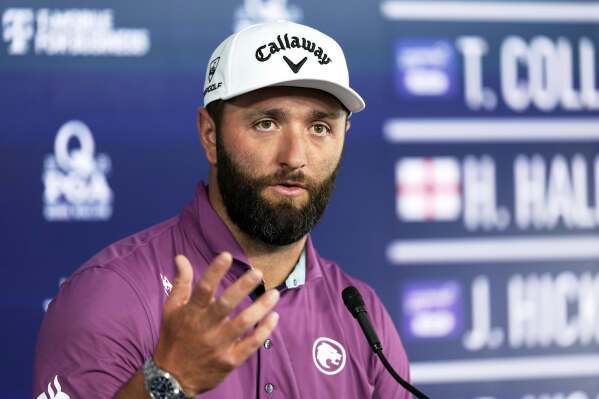 Jon Rahm, of Spain, speaks during a news conference at the PGA Championship golf tournament at the Quail Hollow Club, Tuesday, May 13, 2025, in Charlotte, N.C. (AP Photo/Matt York)