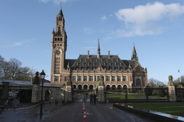 FILE - A view of the Peace Palace, which houses the International Court of Justice, or World Court, in The Hague, Netherlands, on Jan. 26, 2024. The United Nations' top court is ruling Wednesday, Jan. 31, 2024 in a case in which Ukraine accuses Russia of bankrolling rebels in 2014 and discriminating against Crimea's multiethnic community since its annexation of the region. (AP Photo/Patrick Post, File)