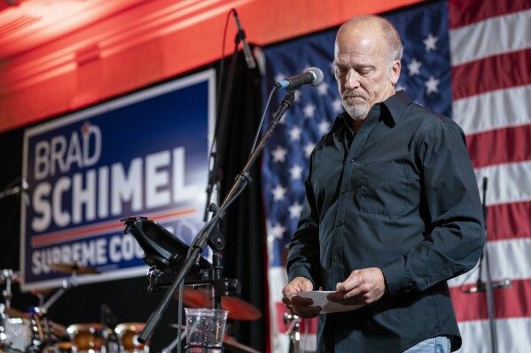 Wisconsin Supreme Court candidate Brad Schimel makes his concession speech to a crowd at his election night party, in Pewaukee, Wis., April 1, 2025. (AP Photo/Andy Manis, File)