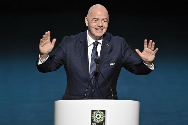 FIFA President Giovanni Infantino gestures as he speaks during the FIFA Women's World Cup 2023 draw in Auckland, New Zealand, Saturday. 22, 2022. (Alan Lee/Photosport via AP)