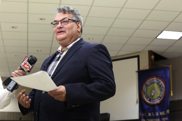 United Auto Workers spokesman Brian Rothenberg speaks with the media at a news conference after unionization failed for workers at the Chattanooga Volkswagen plant, Friday, June 14, 2019, in Chattanooga, Tenn. (Erin O. Smith/Chattanooga Times Free Press via AP)