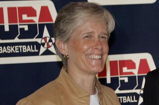 FILE - In this April 15, 2009, file photo, USA Basketball women's national team director Carol Callan attends a news conference in Storrs, Conn. Callan will step down after the Tokyo Olympics to focus on her role as the president of FIBA Americas. She has been with the national team since 1995 and has worked behind the scenes to help the U.S. win six consecutive Olympic gold medals. (AP Photo/Bob Child, File)