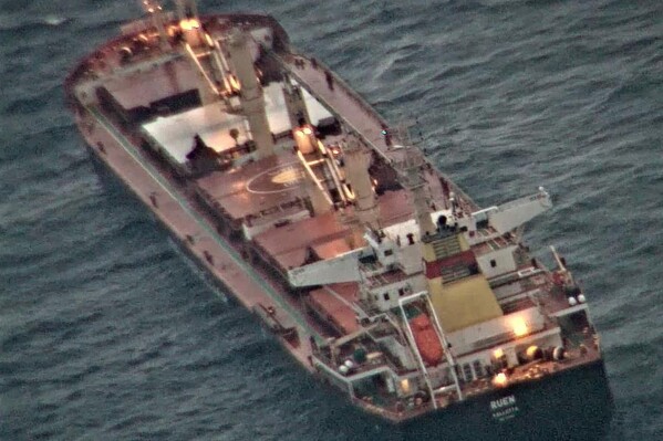 This handout photo made available by India's Press Information Bureau shows the Maltese-flagged MV Ruen. The Indian Navy said Saturday that it is shadowing a bulk carrier that was boarded by unknown attackers in the Arabian Sea and may have been taken by Somali pirates. The Indian Navy responded to the distress call by sending its anti-piracy patrol warship and maritime patrol aircraft to locate and assist the vessel, the Indian Navy said in its statement. (Press Information Bureau via AP)
