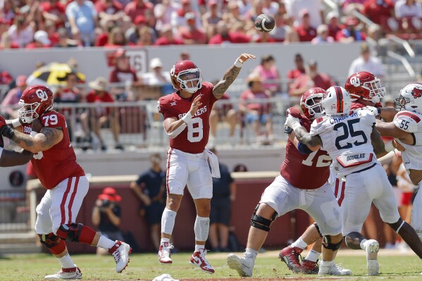 Oklahoma quarterback Dillon Gabriel (8) passes against Arkansas State during the first half of an NCAA college football game, Saturday, Sept. 2, 2023, in Norman, Okla. (AP Photo/Alonzo Adams)