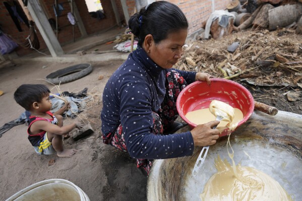 Chin Ith checks the consistency of palm sugar being made from the sap of palm at Trapang Ampel village, outside Phnom Penh, Cambodia, Friday, March 15, 2024. (AP Photo/Heng Sinith)