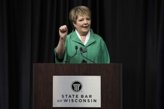 FILE - Wisconsin Supreme Court candidate Democratic-supported Janet Protasiewicz participates in a debate, March 21, 2023, in Madison, Wis. Even before the newly elected justice who gave liberals a one-seat majority on the Wisconsin Supreme Court has heard a case, Republican lawmakers are talking about taking the unprecedented step of impeaching and removing her from office. And they have the votes to do it. (AP Photo/Morry Gash, File)