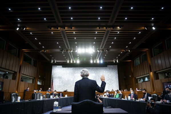 Judge Merrick Garland, nominee to be Attorney General, is sworn in at his confirmation hearing before the Senate Judiciary Committee, Monday, Feb. 22, 2021 on Capitol Hill in Washington.  (Al Drago/Pool via AP)