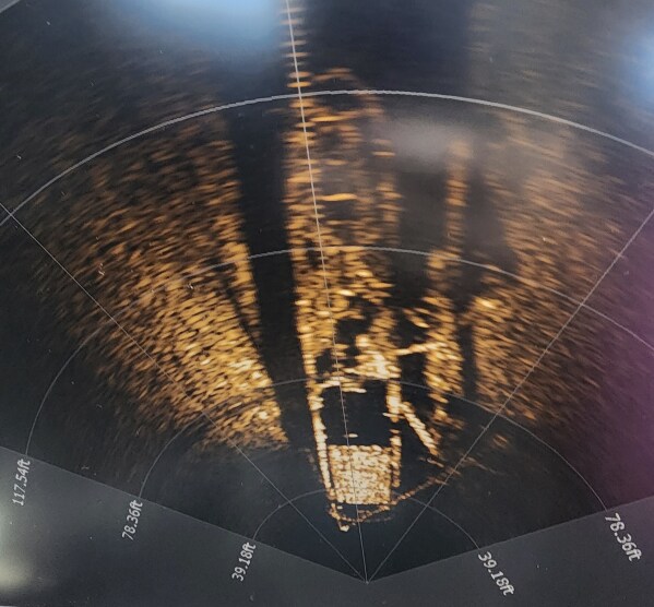This July 2023 photo provided by Tamara Thomsen and Tom Crossmon shows a sonar image of the Trinidad from the Remote Operated Vehicle. Shipwreck hunters have discovered the intact remains of the schooner that sank in Lake Michigan in 1881 and is so well-preserved it still contains the crew’s long-ago possessions in its final resting spot miles from Wisconsin’s coastline. The 156-year-old Trinidad was found in July 2023 in about 270 feet of water off Algoma, Wisconsin, by maritime historians Brendon Baillod and Robert Jaeck using side-scan sonar. (Tamara Thomsen, Tom Crossmon via AP)