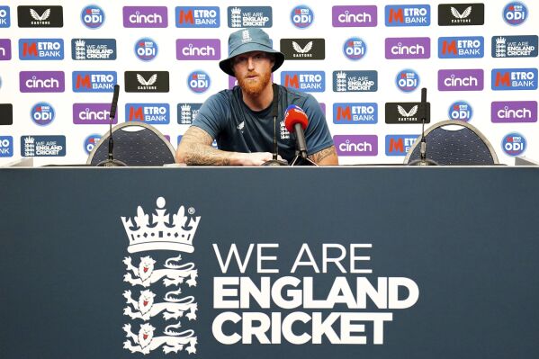 England's Ben Stokes listens, during a press conference, at Sophia Gardens, in Cardiff, Thursday, Sept. 7 2023, ahead of their one day international cricket match against New Zealand on Friday. (Zac Goodwin/PA via AP)