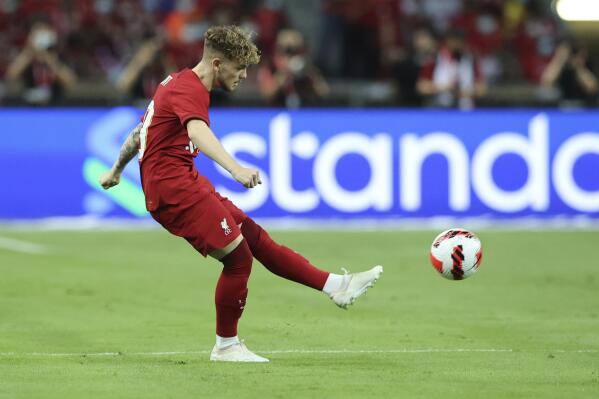 Liverpool's Harvey Elliot kicks the ball during the Standard Chartered Singapore Trophy 2022 match between Liverpool Fc and Crystal Palace, in Singapore, Friday, July 15, 2022. (AP Photo/Danial Hakim)