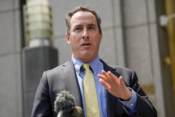 CORRECTS FULL NAME TO ZACHARY MARGULIS-OHNUMA, NOT ZACHARY MARGULIS - Zachary Margulis-Ohnuma, attorney for retired Maj. Gen. Hugo Carvajal, speaks to reporters after his client entered a not guilty plea at his initial appearance at federal court, Thursday, July 20, 2023, in New York. The former Venezuelan spymaster close to the country's late leader Hugo Chávez was extradited to New York from Spain on Wednesday, July 19, to face decade-old drug trafficking charges. (AP Photo/John Minchillo)