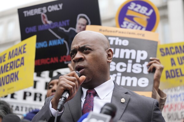 Mayor Ras Baraka speaks to supporters and media after a court appearance in Newark, N.J., Thursday, May 15, 2025. (AP Photo/Seth Wenig)