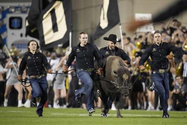 FILE - Handlers guide Colorado mascot Ralphie in the ceremonial run before Colorado's NCAA college football game against TCU on Friday, Sept. 2, 2022, in Boulder, Colo. The Buffaloes will be coming back after being part of the original 12-team lineup and then involved in the first rounds of conference realignment that dropped the Big 12 to 10 teams. Now they will be part of an expansion that will make the Big 12 bigger than ever. (AP Photo/David Zalubowski, File)