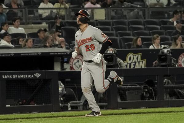 Baltimore Orioles' Ramon Urias (29) runs the bases after his sixth-inning home run during a baseball game against the New York Yankees, Monday May 23, 2022, in New York. (AP Photo/Bebeto Matthews)